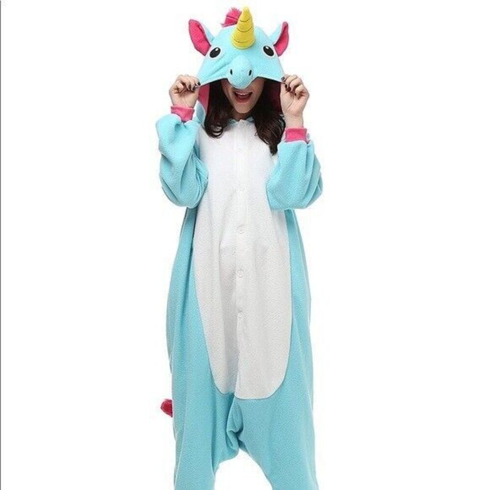 Adult Plush Animal Pajama Jumpsuit Costume - Blue Unicorn